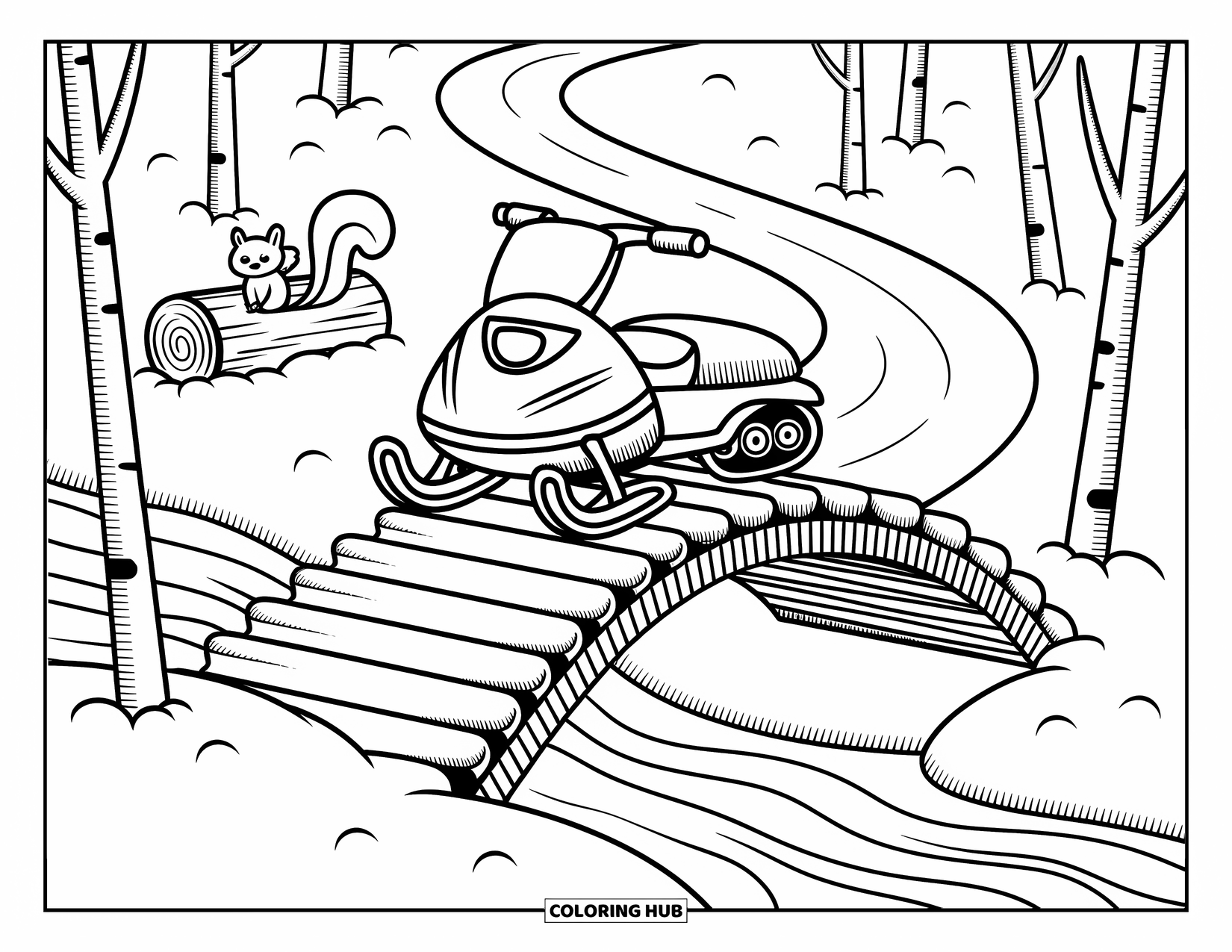 Snowmobile Coloring Page for Adults: A tiny snowmobile rides over a snowy bridge past trees and a playful squirrel tail