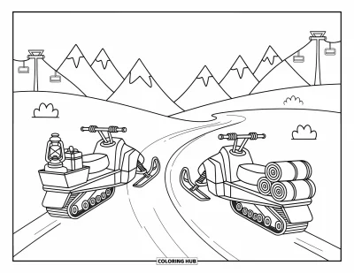 Coloriage de motoneige pour adultes : De petites motoneiges se font face dans la neige, transportant des couvertures, des lanternes et des bûches