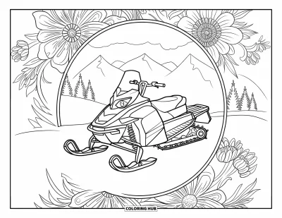 Coloriage de motoneige pour adultes : Motoneige garée encadrée de mandalas de fleurs alpines et d'un panorama de montagne enneigée