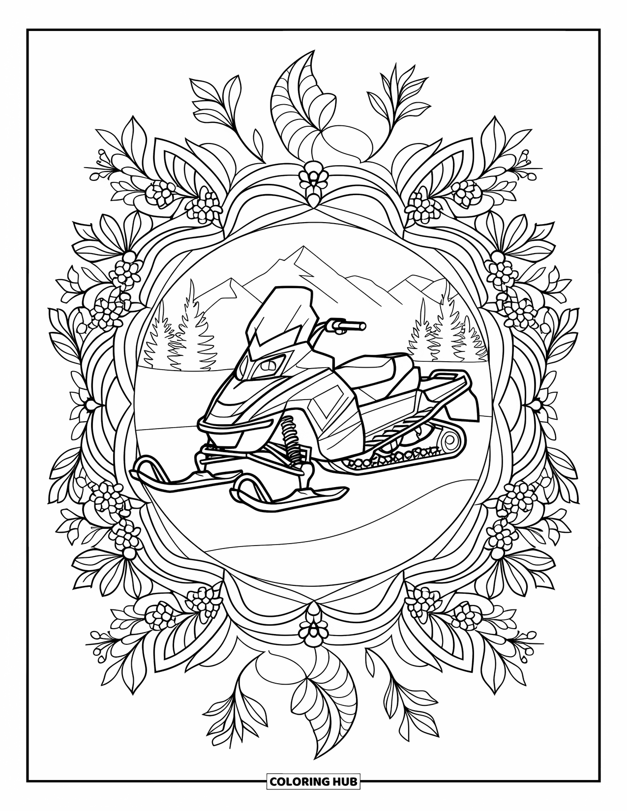 Snowmobile Coloring Page for Adults: Realistic snowmobile in a full-page botanical mandala with leaves, flowers, and vines