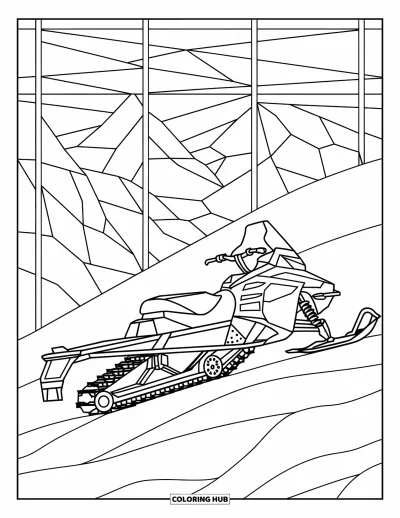 Coloriage de motoneige pour adultes : Motoneige vue de côté sur une montagne enneigée avec des motifs de vitrail en arrière-plan