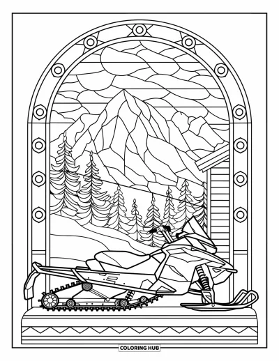 Coloriage de motoneige pour adultes : Motoneige près d'une structure en bois avec des motifs de vitrail représentant des montagnes et des arbres en arrière-plan