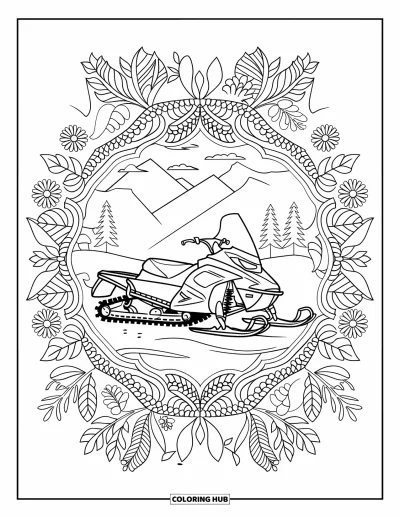 Coloriage de motoneige pour adultes : Motoneige au centre d'un mandala botanique avec un panorama de montagne et d'arbres en toile de fond