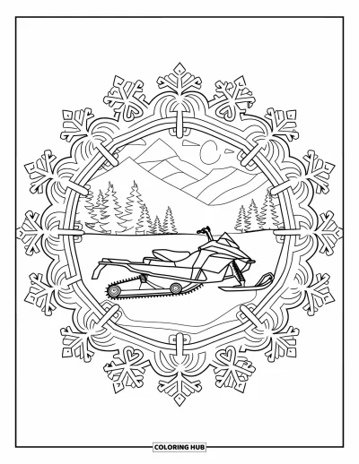 Coloriage de motoneige pour adultes : Motoneige encadrée de motifs tourbillonnants de flocons de neige et d'un paysage hivernal avec des arbres et des collines