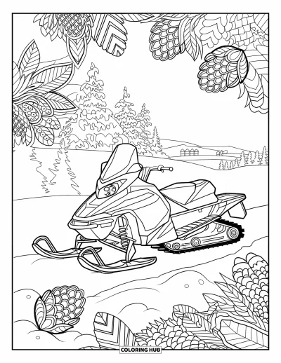 Coloriage de motoneige pour adultes : Motoneige encadrée de mandalas de feuilles d'hiver et d'arbres enneigés avec des bâtiments au loin