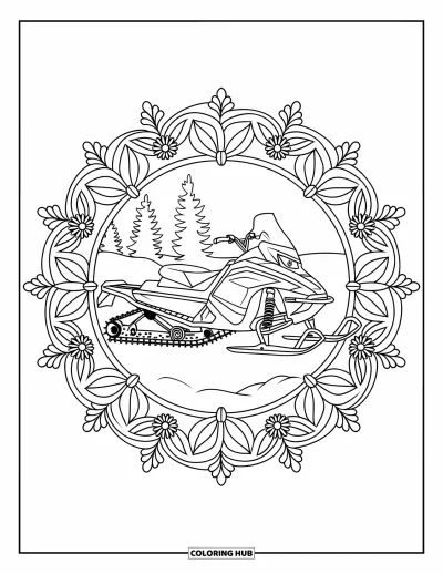 Coloriage de motoneige pour adultes : Motoneige dans la neige encadrée d'un mandala botanique complet et d'une bordure décorative