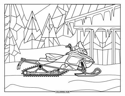 Coloriage de motoneige pour adultes : Motoneige près d'un chalet en bois, encadrée de pins style vitrail et de glaçons suspendus