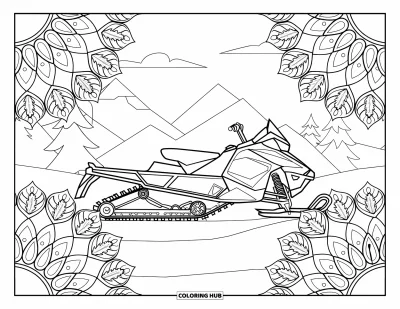 Coloriage de motoneige pour adultes : Motoneige sur la neige encerclée de mandalas de fleurs alpines délicates et de vues sur les montagnes