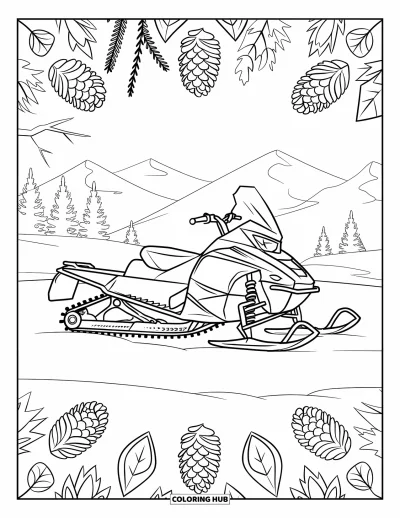 Coloriage de motoneige pour adultes : Motoneige garée dans la neige entourée de mandalas de pommes de pin et de feuilles hivernales