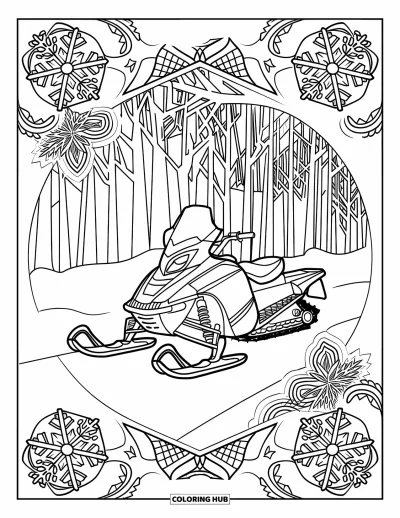 Coloriage de motoneige pour adultes : Motoneige garée sur un sentier enneigé, encadrée de mandalas de flocons et d'arbres de forêt