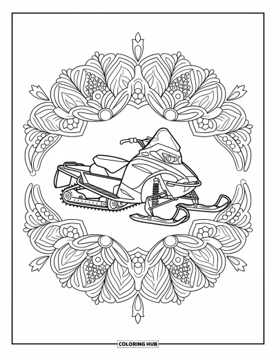 Coloriage de motoneige pour adultes : Motoneige au repos dans un mandala botanique pleine page rempli de fleurs et de lianes