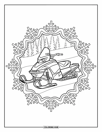 Coloriage de motoneige pour adultes : Motoneige au repos sur un sentier encadrée de mandalas tourbillonnants de flocons de neige et de grands arbres enneigés