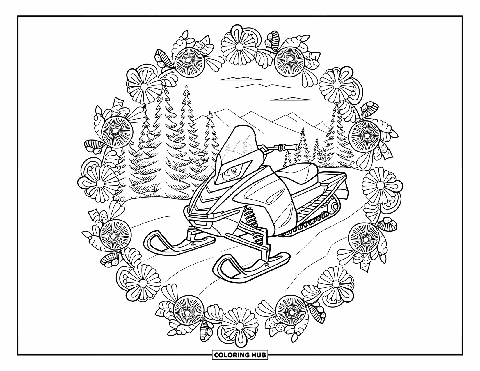 Snowmobile Coloring Page for Adults: Snowmobile resting on a snowy trail, surrounded by detailed flower mandalas and tall trees