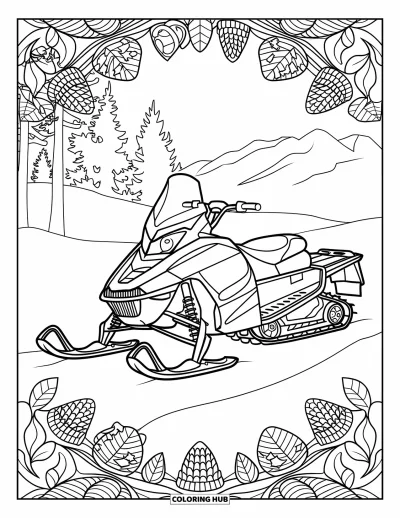Coloriage de motoneige pour adultes : Motoneige entourée de mandalas détaillés de pommes de pin et de feuilles avec une vue sur les montagnes
