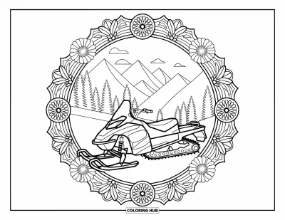 Coloriage de motoneige pour adultes : Motoneige entourée de mandalas de fleurs alpines complexes dans un paisible paysage de montagne