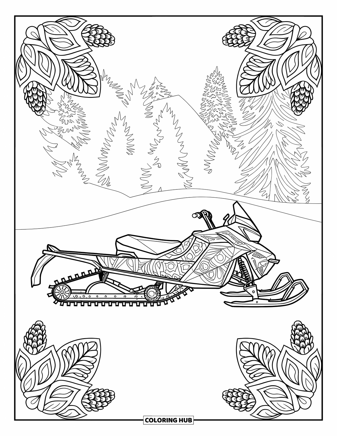 Snowmobile Coloring Page for Adults: Snowmobile surrounded by pine cone and leaf mandalas in a snowy forest landscape