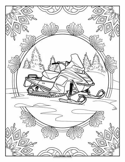 Coloriage de motoneige pour adultes : Motoneige entourée de mandalas de flocons de neige avec une forêt enneigée en arrière-plan