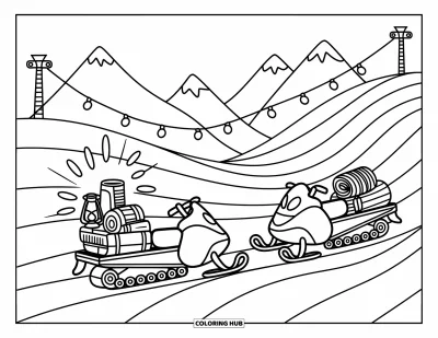 Coloriage de motoneige pour adultes : Deux motoneiges se retrouvent sur une colline enneigée, chacune transportant des provisions d'hiver bien au chaud