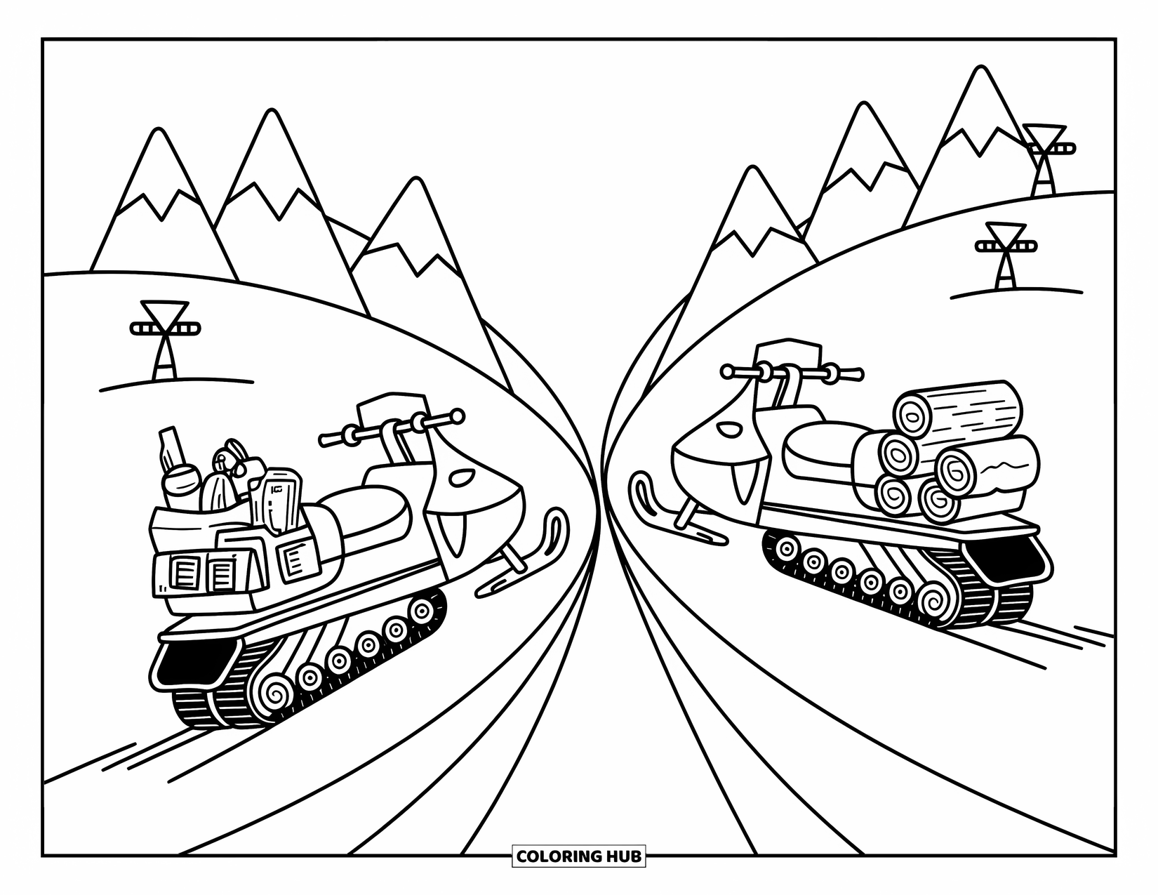 Snowmobile Coloring Page for Adults: Two snowmobiles meet on a snowy slope with lanterns, supplies, and swirling snow between