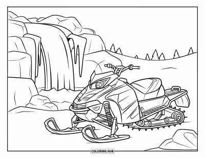Coloriage de motoneige pour enfants : Une imposante motoneige est posée près d'une cascade gelée dans une clairière de forêt enneigée