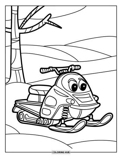 Coloriage de motoneige pour enfants : Une motoneige enjouée est tranquillement posée dans la neige près d'un arbre aux quelques branches
