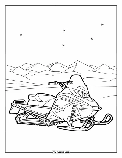 Coloriage de motoneige pour enfants : Une motoneige arrondie se repose sous les étoiles avec des pics et des arbres derrière