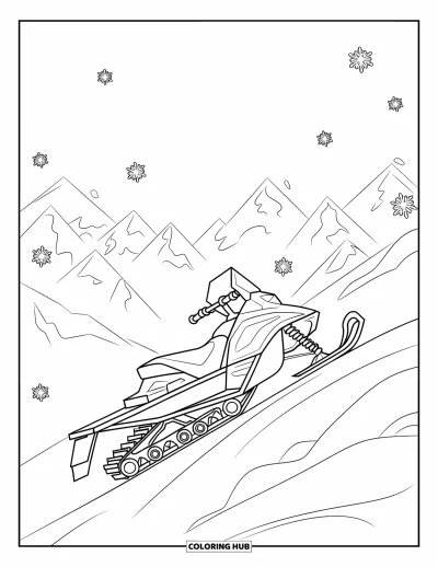 Coloriage de motoneige pour enfants : Une motoneige gravit une pente enneigée avec des flocons et des sommets en arrière-plan