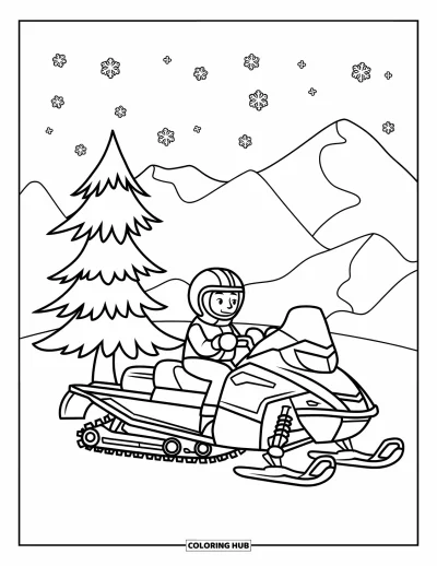 Coloriage de motoneige pour enfants : Un pilote de motoneige fait une pause près d'un pin tandis que des flocons tombent dans une scène hivernale