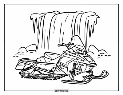 Coloriage de motoneige pour enfants : Une motoneige est garée près d'une cascade gelée entourée de rochers et de neige