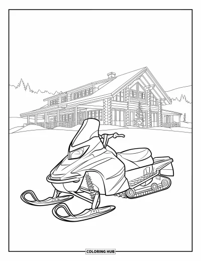 Coloriage de motoneige pour enfants : Une motoneige est garée près d'un chalet enneigé avec des fenêtres et des arbres alentour