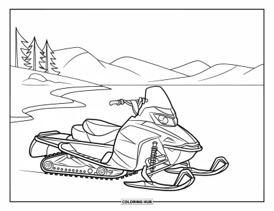 Coloriage de motoneige pour enfants : Une motoneige est garée sur la glace près d'un arbre enneigé avec vue sur la montagne