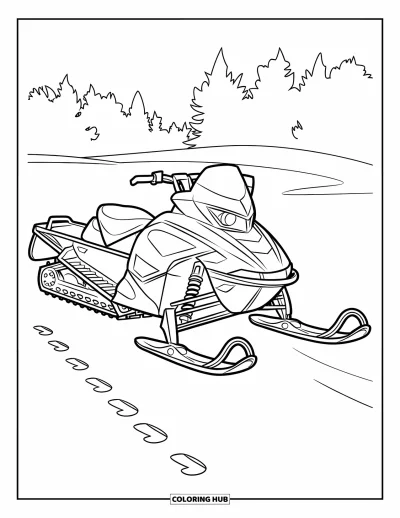 Coloriage de motoneige pour enfants : Une motoneige est garée sur un sol enneigé avec des empreintes de pas et des arbres à proximité