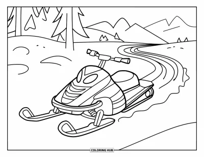 Coloriage de motoneige pour enfants : Une motoneige laisse une trace sinueuse dans la neige avec des montagnes et des arbres alentour