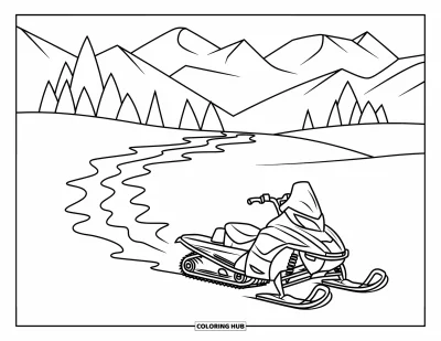 Coloriage de motoneige pour enfants : Une motoneige trace son chemin dans des collines enneigées entourées d'arbres et de montagnes