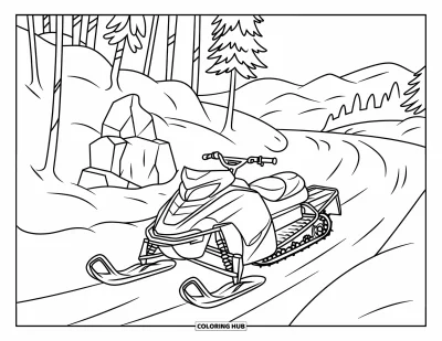 Coloriage de motoneige pour enfants : Une motoneige avance sur un sentier enneigé avec des montagnes et des arbres en arrière-plan