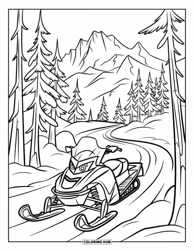 Coloriage de motoneige pour enfants : Une motoneige avance sur des sentiers enneigés avec des arbres et des montagnes dentelées derrière elle