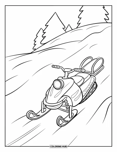 Coloriage de motoneige pour enfants : Une motoneige tire un traîneau en montant une colline enneigée avec des arbres en arrière-plan