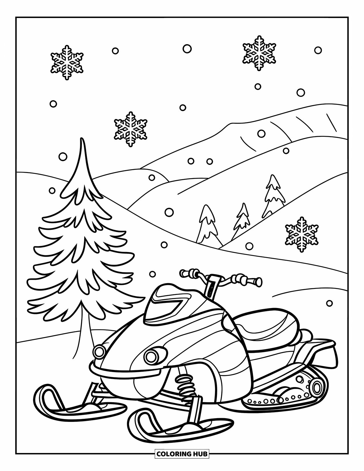Snowmobile Coloring Page for Kids: A snowmobile rests beside a small pine tree as snowflakes fall gently