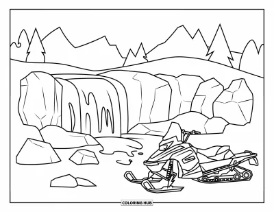 Coloriage de motoneige pour enfants : Une motoneige se repose près d'une cascade gelée avec des montagnes et des arbres au loin