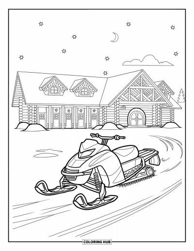 Coloriage de motoneige pour enfants : Une motoneige se repose près d'un chalet douillet sous un ciel étoilé au clair de lune