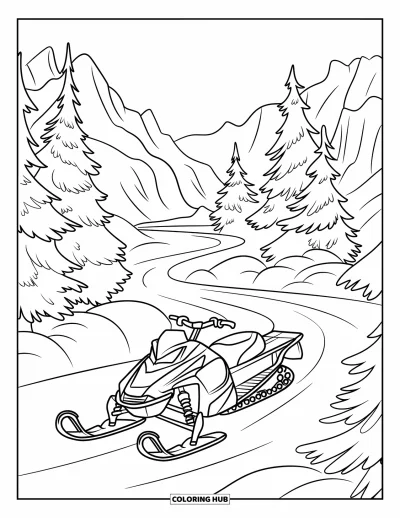 Coloriage de motoneige pour enfants : Une motoneige emprunte un sentier à travers de grands pins et des montagnes enneigées