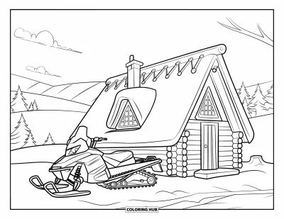 Coloriage de motoneige pour enfants : Une motoneige est posée près d'un chalet enneigé avec des collines et des nuages floconneux au-delà