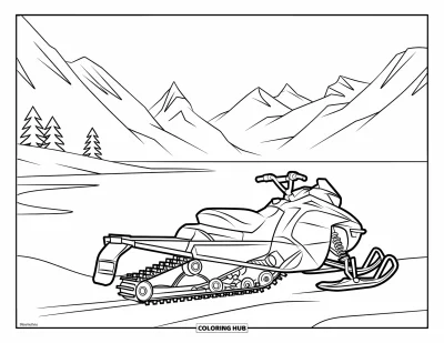 Coloriage de motoneige pour enfants : Une motoneige est posée près d'un lac gelé avec des montagnes et des arbres enneigés alentour