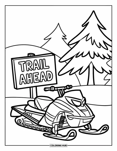 Coloriage de motoneige pour enfants : Une motoneige est posée près d'un panneau en bois « Trail Ahead » avec des arbres au loin