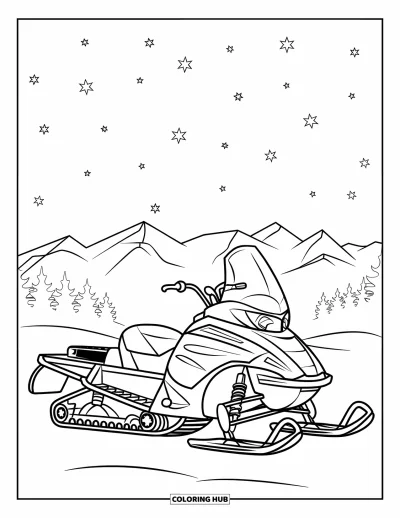 Coloriage de motoneige pour enfants : Une motoneige est posée sur la neige avec des étoiles au-dessus et des pins derrière