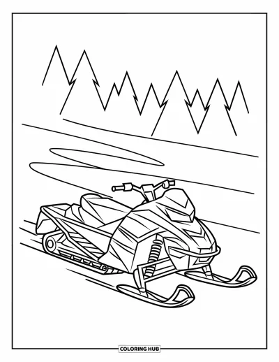 Coloriage de motoneige pour enfants : Une motoneige fonce dans la neige vers un champ bordé d'arbres hivernaux