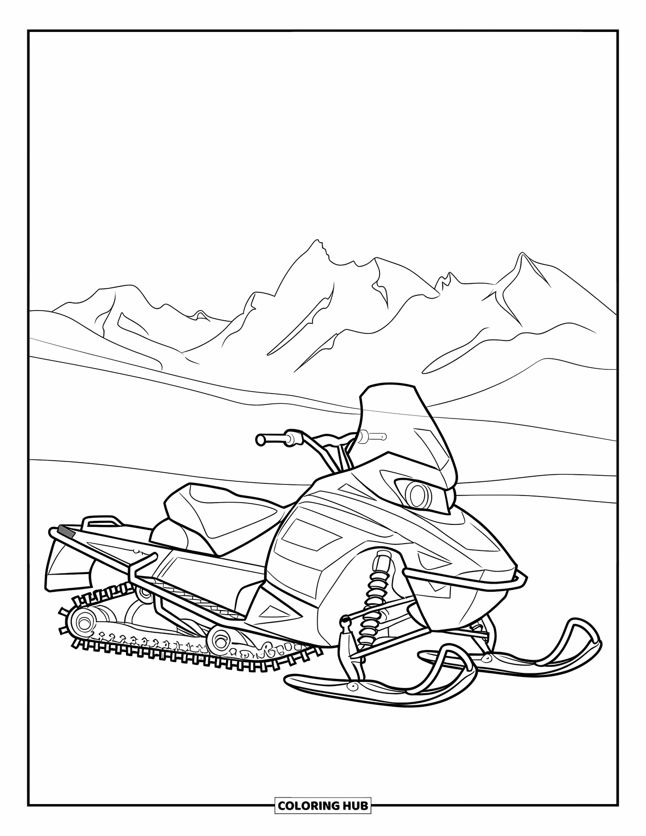Snowmobile Coloring Page for Kids: A snowmobile stands under a clear sky with distant mountains in the background