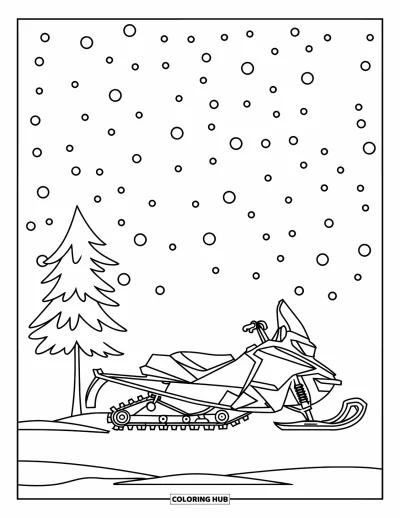 Coloriage de motoneige pour enfants : Une motoneige attend près d'un petit pin tandis que la neige tombe sur les collines