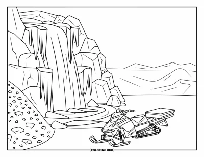 Coloriage de motoneige pour enfants : Une motoneige avec une remorque est posée près de chutes glacées et d'un terrain rocailleux sous un ciel ouvert