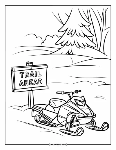 Coloriage de motoneige pour enfants : Une motoneige avec une remorque s'arrête près d'un panneau indiquant « Trail Ahead »